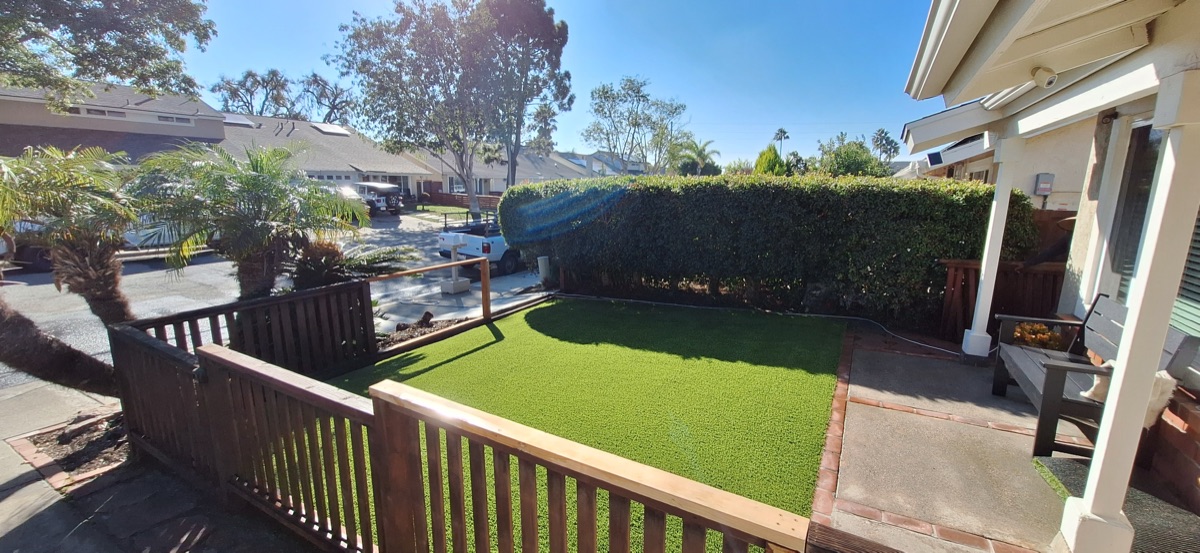 Backyard turf viewed from elevated deck in North County