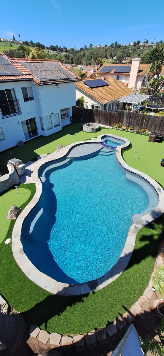 Overhead view of artificial turf surrounding a backyard pool in North County San Diego