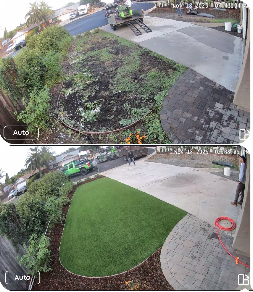 Before and after turf installation captured by security camera