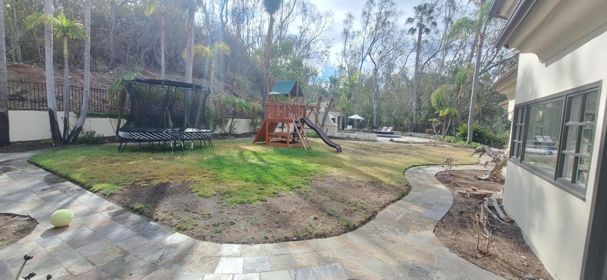 Before: patchy natural lawn with bare dirt in a North County San Diego backyard